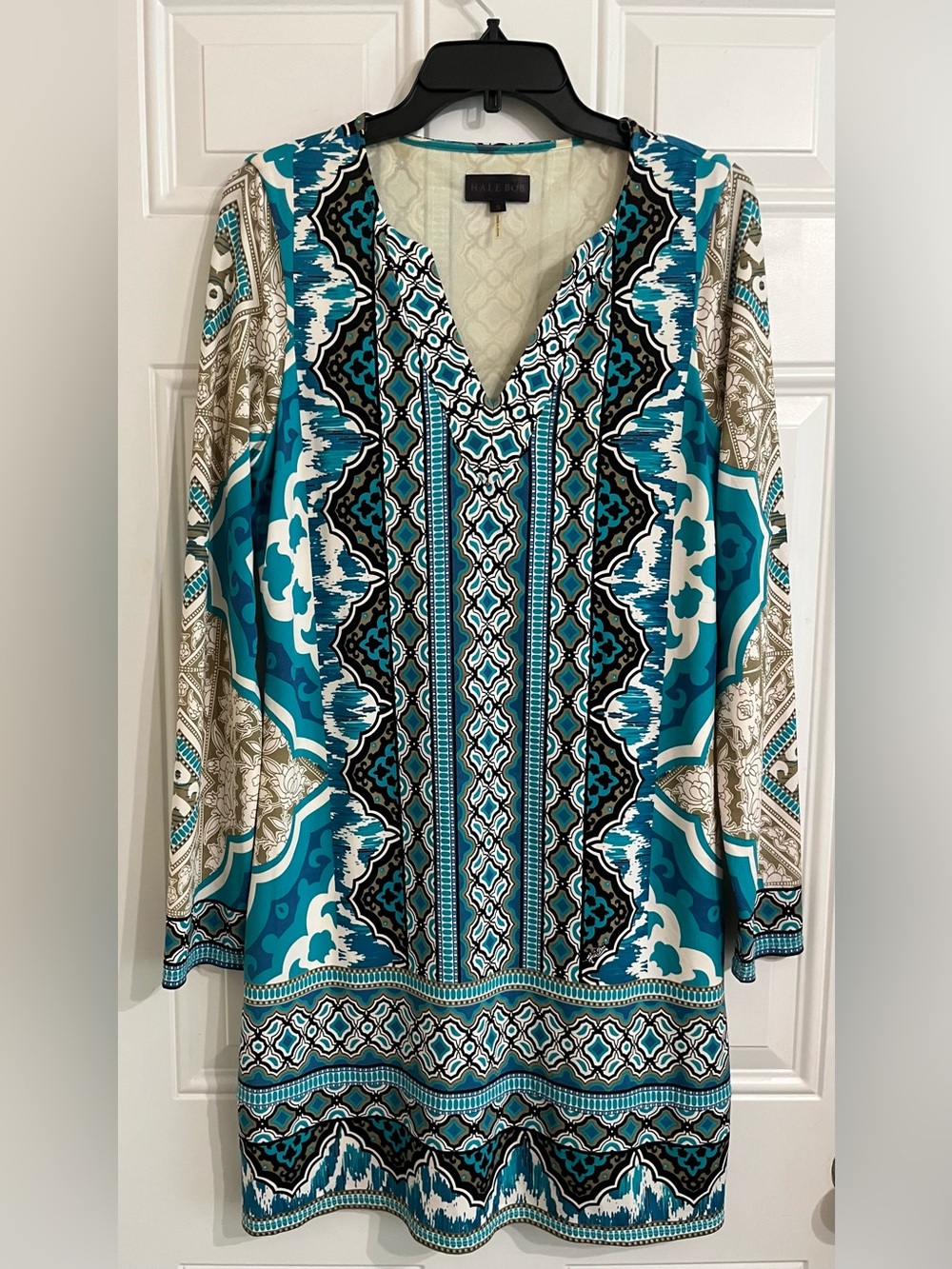 Hale Bob Geometric Boho Stretch Jersey Dress Blue Beige Coastal Travel Resort M